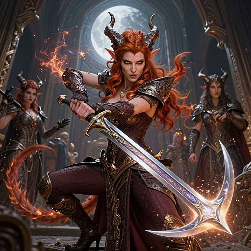 Fiery Tiefling Evoker with Lunar Scimitar