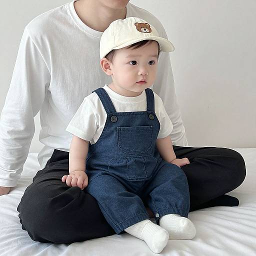 Photograph of a fair-skinned baby in blue denim overalls and white socks, sitting on a bed, wearing a white cap, with an adult