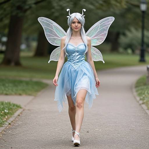 Digital CGI image of a fair-skinned woman with long white hair, wearing a light blue fairy dress, translucent wings, and white heels, walking down