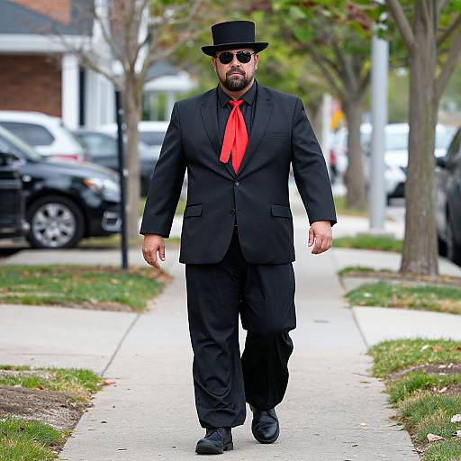 Photograph of a bearded man in a black suit, red necktie, black top hat, and sunglasses, walking down a suburban sidewalk.