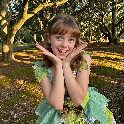 Photograph of a smiling young girl with brown hair, green dress with lace and bow, hands raised, in a sunlit, leafy park.