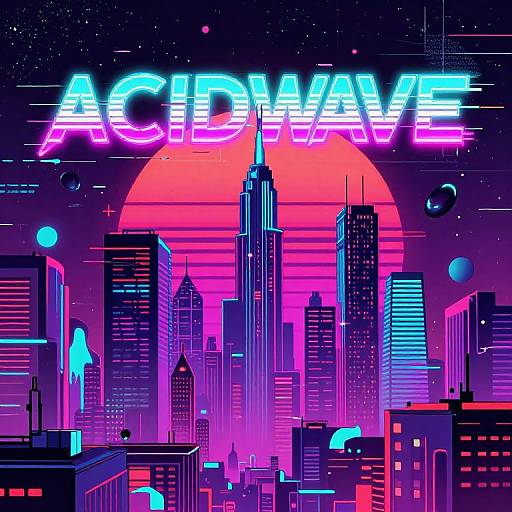Neon-lit digital art of a futuristic city skyline at sunset, with 