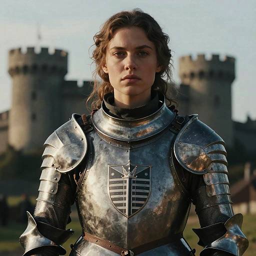 Photograph of a serious young woman with wavy brown hair in reflective silver medieval armor, standing in front of a castle with two tall towers.