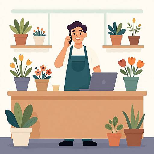 Illustration of a smiling male florist with dark hair, wearing a blue apron, talking on phone, surrounded by potted plants, and a