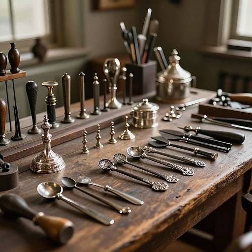 Photograph of a wooden table with an array of vintage silver spoons, candlesticks, and black-handled utensils, illuminated by soft natural light