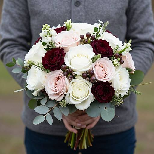 Photograph of a person in a gray sweater holding a bouquet of white, pink, and dark red roses with greenery.