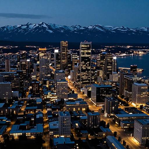 Photograph of a cityscape at dusk with snow-capped mountains in the background, illuminated skyscrapers, and glowing streetlights, creating a vibrant