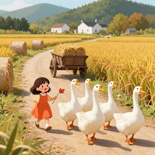 Digital illustration of a young girl in a red dress, holding a flower, walking a path with four white ducks, hay bales, and rustic houses
