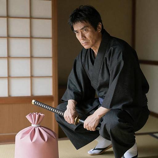 Intense Samurai: Crouching in Warm Light