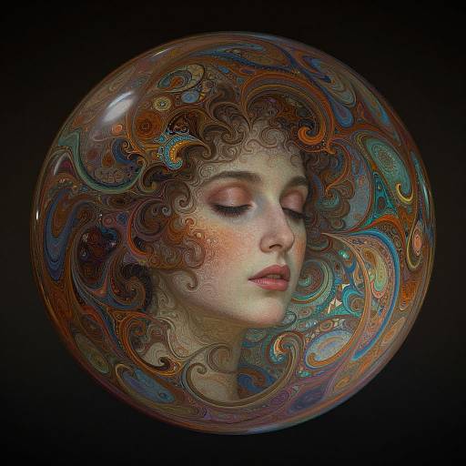 Digital artwork: A serene, fair-skinned woman with closed eyes, delicate features, and pink lips, encased in a vibrant, swirling, ir