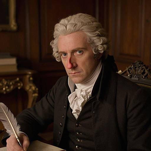 Photograph of an 18th-century white man with curly grey hair, wearing a black coat and white cravat, writing with a quill
