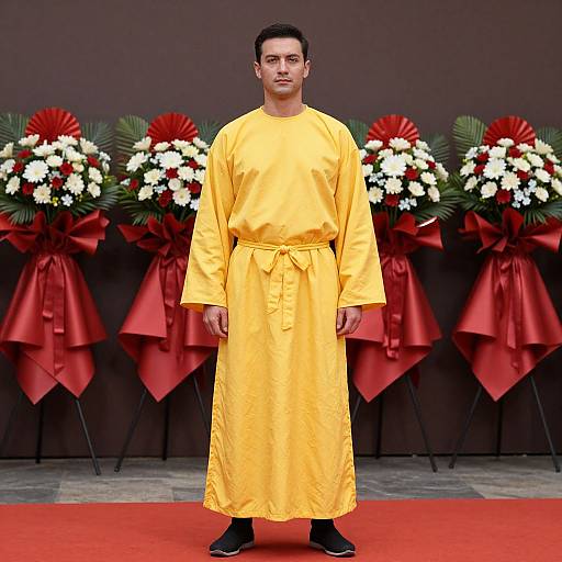 Photograph of a man in a bright yellow Buddhist monk robe standing on a red carpet, with red and white flower arrangements and large red bows in the