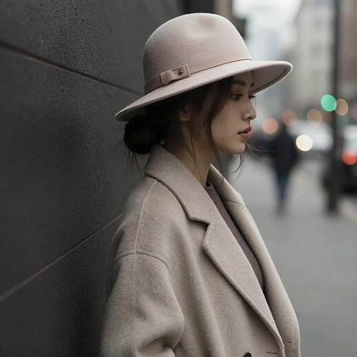 Photograph of a young woman in profile, wearing a light beige hat and coat, standing against a dark wall in a blurred urban street with glowing lights
