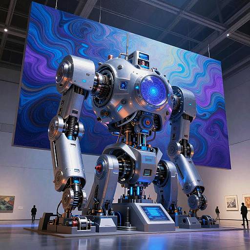 Photograph of a large, silver, robotic sculpture with glowing blue lights, displayed in a gallery with a purple and blue abstract wall painting in the background