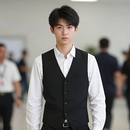 Photograph of an Asian male model with short black hair, wearing a white shirt and black vest, standing in a blurred, well-lit indoor setting