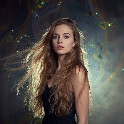Photograph of a young woman with long, flowing brown hair, wearing a black dress, against a mystical, dark blue swirl background with glowing lights and