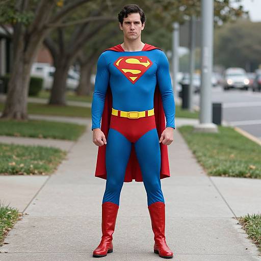 Photograph of a serious-looking man in a Superman costume, standing on a suburban sidewalk with trees and a street in the background. Bright blue bodys