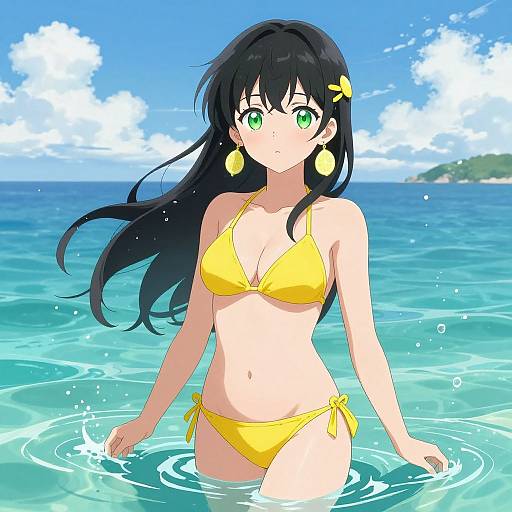 Anime-style drawing of a beautiful, green-eyed girl with long black hair, wearing a yellow bikini, standing in clear blue ocean water under a bright,
