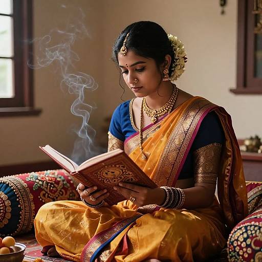 Photograph of a dark-haired Indian woman in a gold and orange sari, reading a book with smoke rising, adorned with jewelry, sitting on orn