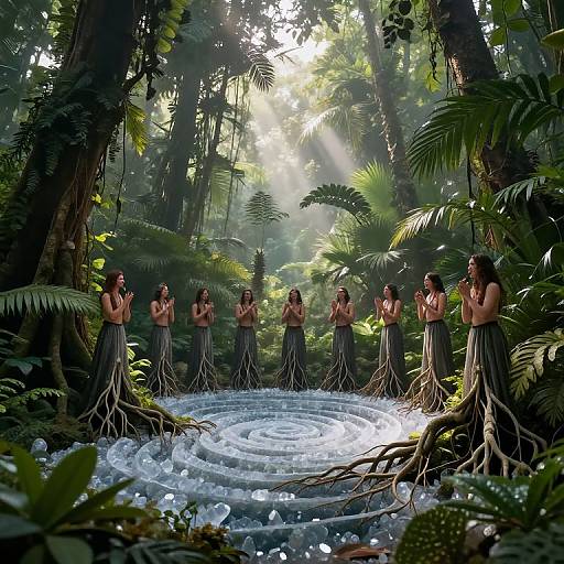 Digital fantasy artwork: Seven topless women with tree-root skirts stand in a circular, glowing forest pond, hands clasped, surrounded by lush greenery