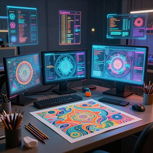 Neon-lit digital art workstation with five glowing monitors displaying colorful, intricate patterns, and a vibrant, psychedelic drawing on a desk.