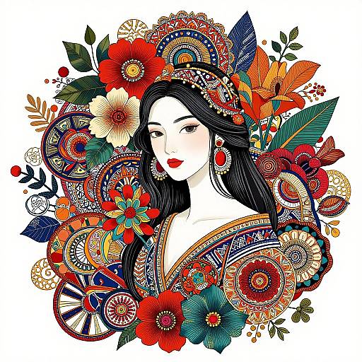Vibrant digital illustration of a fair-skinned woman with long black hair, adorned with colorful, intricate floral patterns and surrounded by vivid flowers and leaves