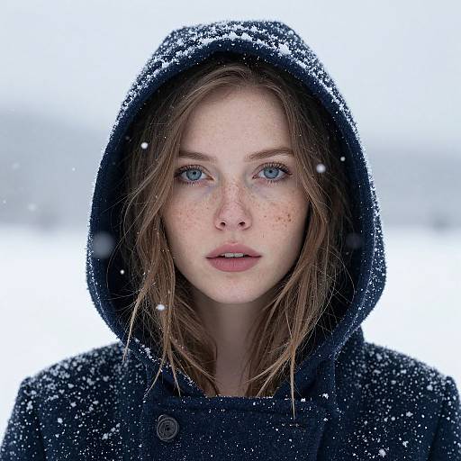 Photograph of a fair-skinned young woman with blue eyes, freckles, and wet brown hair, wearing a snow-covered black hooded coat