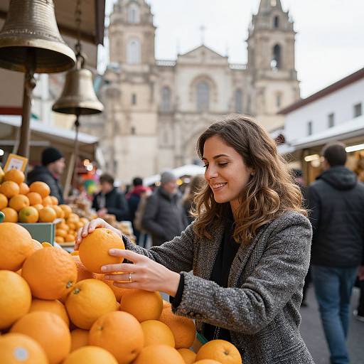 Photograph of a smiling woman with wavy brown hair, wearing a grey blazer, selecting an orange at a bustling outdoor market with a historic cathedral