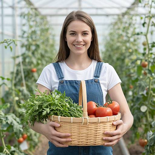Photograph of a smiling young woman with long brown hair, wearing a white shirt and blue denim overalls, holding a wicker basket filled with fresh