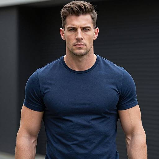 Photograph of a muscular, handsome man with short brown hair, wearing a tight-fitting navy blue t-shirt, standing against a dark, blurred background