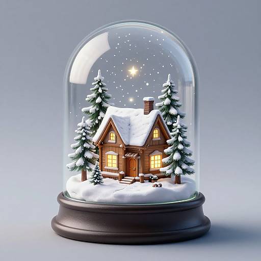 Photorealistic snow globe featuring a wooden, snow-covered cottage with glowing windows, surrounded by snow-laden pine trees, under a starry night sky