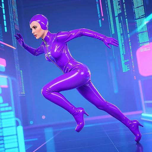 Digital artwork of a sleek, purple latex-clad woman with a shaved head, mid-leap, in a futuristic, neon-lit environment.