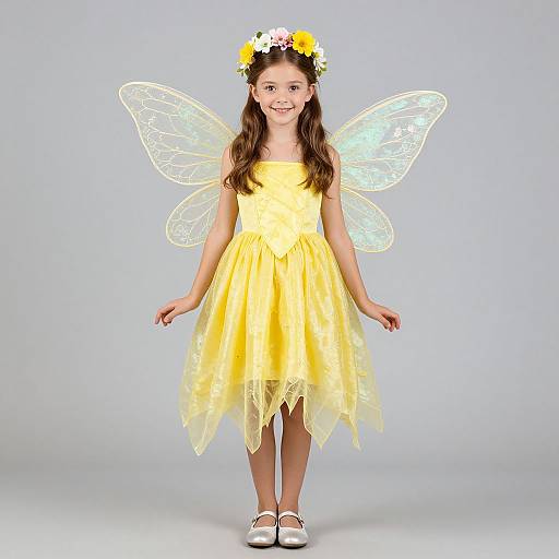 Photograph of a smiling young girl with long brown hair, wearing a yellow fairy dress, translucent wings, flower crown, and white shoes, standing against