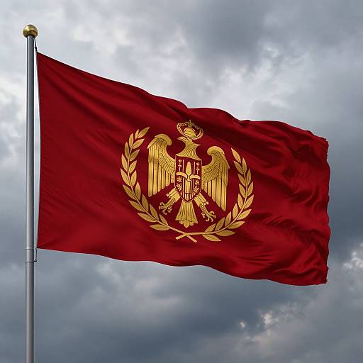 Photograph of a red flag with a golden double-headed eagle and laurel wreath, waving against a cloudy sky.