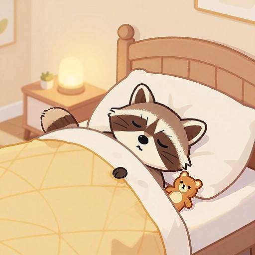 Cute digital illustration of a sleeping raccoon with closed eyes, under a beige quilt, holding a teddy bear on a white pillow, in a