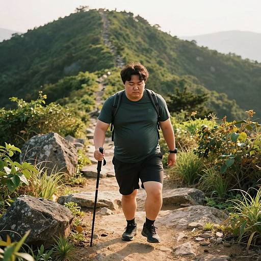 Chubby Korean Man Hiking Scenic Trail
