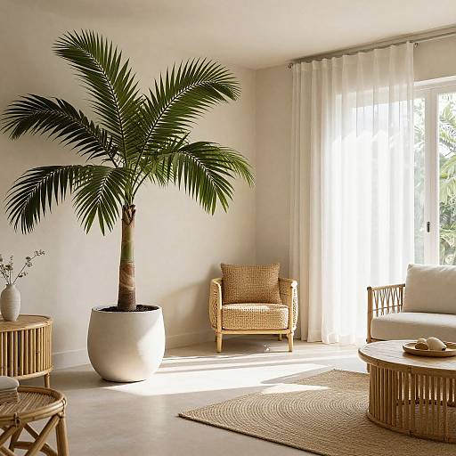 Bright living room photograph featuring a tall potted palm, wicker armchair, white curtains, circular wooden coffee table, and beige rug.