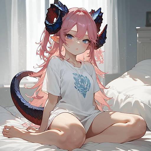 Pink Haired Dragon Girl in Messy Bedroom
