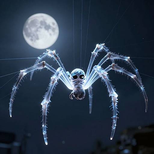 Glowing, illuminated spider with spiky legs against a dark blue night sky and full moon in a digital CGI artwork.