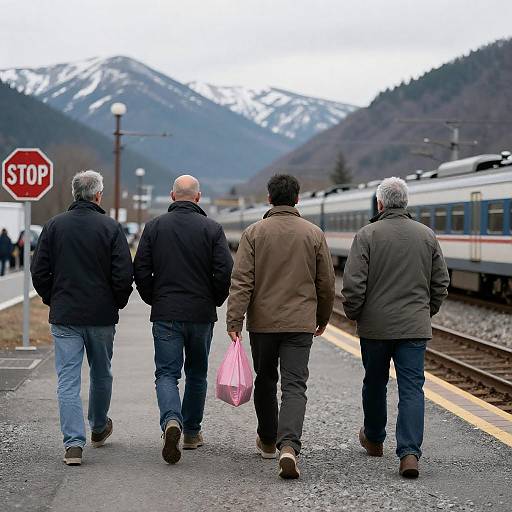 Men Walking Towards Train Station Scene