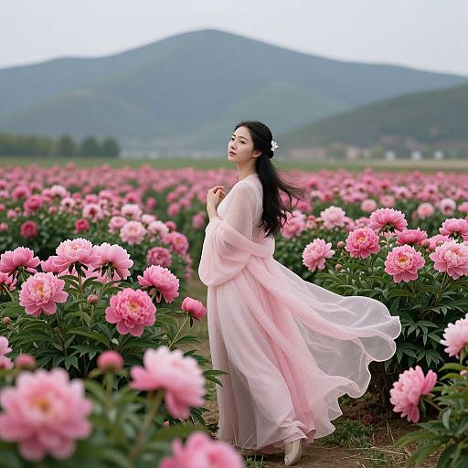 Photograph of an Asian woman with long black hair in a flowing pink dress, standing in a vibrant pink peony field, mountains in the background.