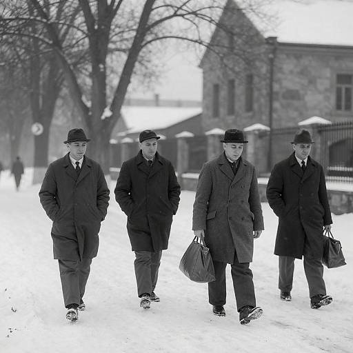 Vintage Snowy Street: Four Men Walking