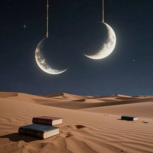 Photograph of two illuminated crescent moons hanging above a desert with rippled sand, three stacked books in the foreground.