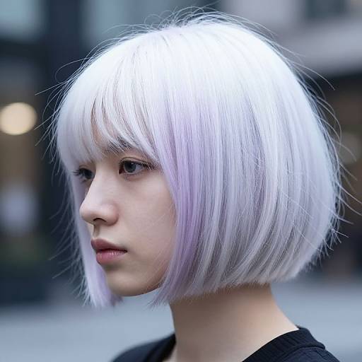Photograph of a young woman with a striking, silver-white bob haircut, pale skin, and neutral expression, set against a blurred urban background.
