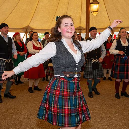Photograph of a smiling woman in a white shirt, black vest, and red plaid skirt, dancing inside a tent with others in traditional Scottish attire