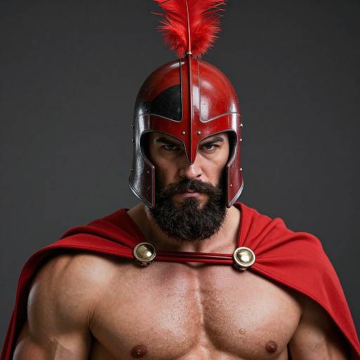 Photograph of a muscular, bearded man with tan skin wearing a red Greek-style helmet with a red feather, and a red cape with gold buttons