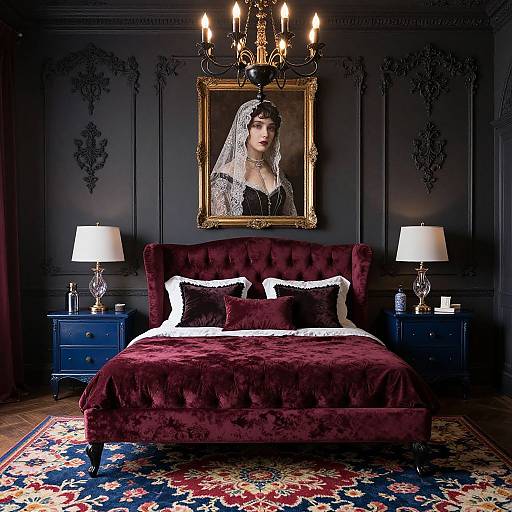 Gothic bedroom photograph: rich burgundy velvet bed, black-paneled walls, ornate gold portrait, blue nightstands, white lamps, chandelier