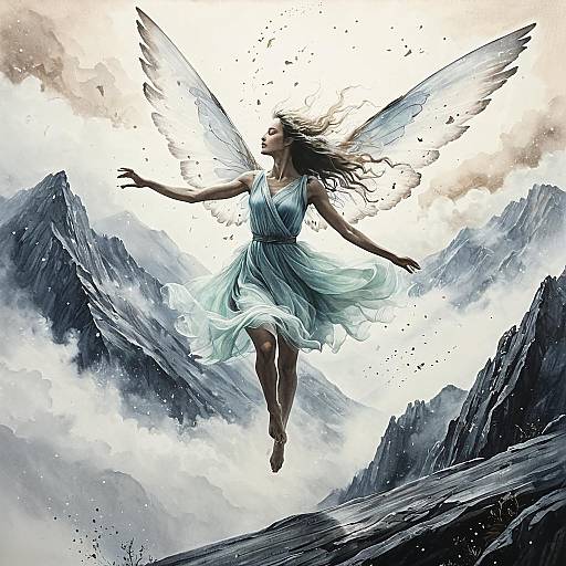 Ethereal Sylph Hovering Over Mountain Ridge