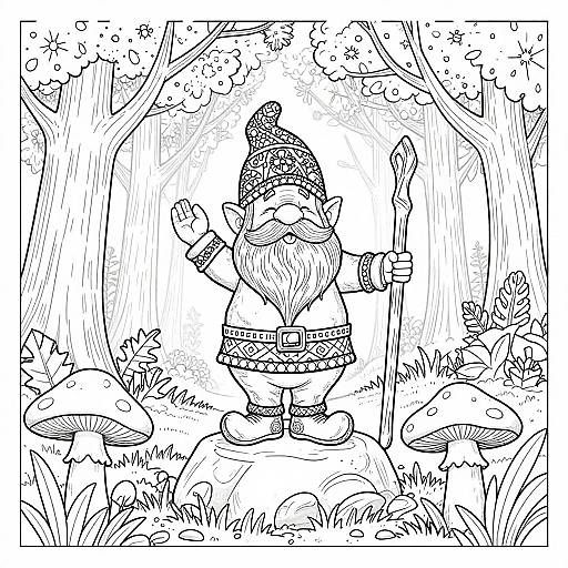 Black-and-white line drawing of a gnome with a beard, pointed hat, and staff, standing in a forest with mushrooms.