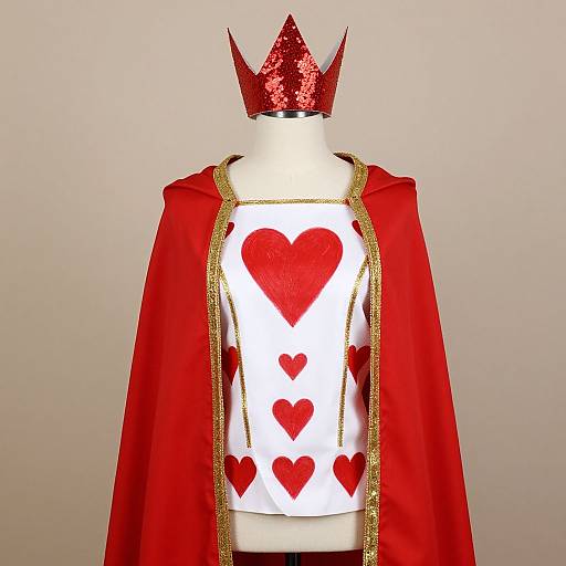 Photograph of a white mannequin wearing a red sequined crown, red cape with gold trim, and white top with red heart patterns.
